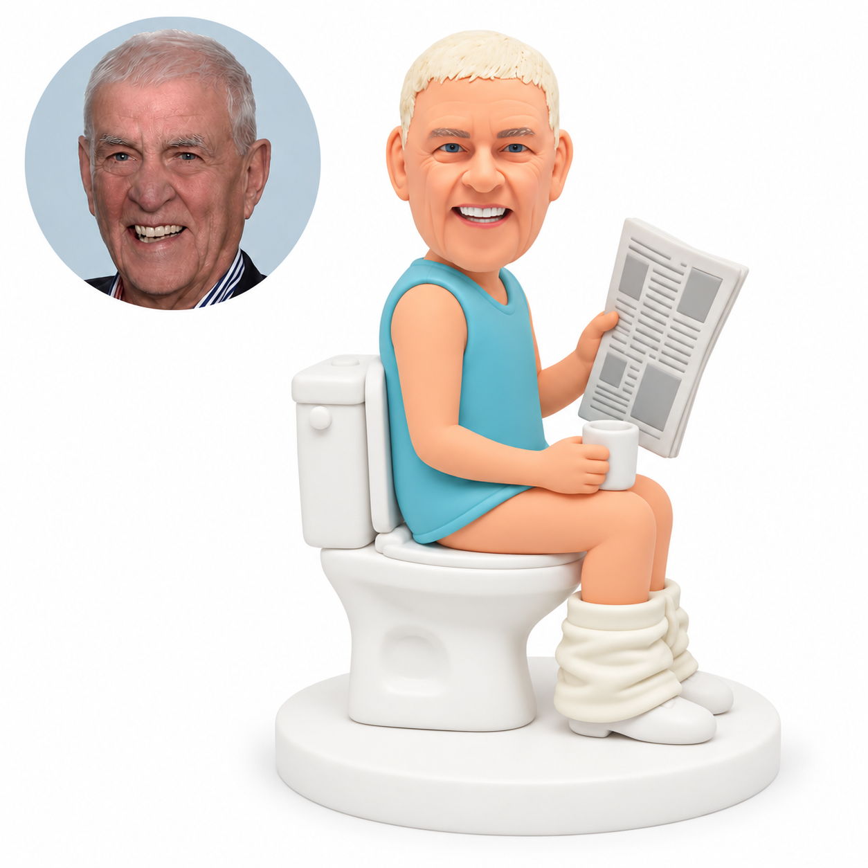 MGA-AC1302 custom bobblehead figure man seated sideways on a toilet holding a newspaper and cup