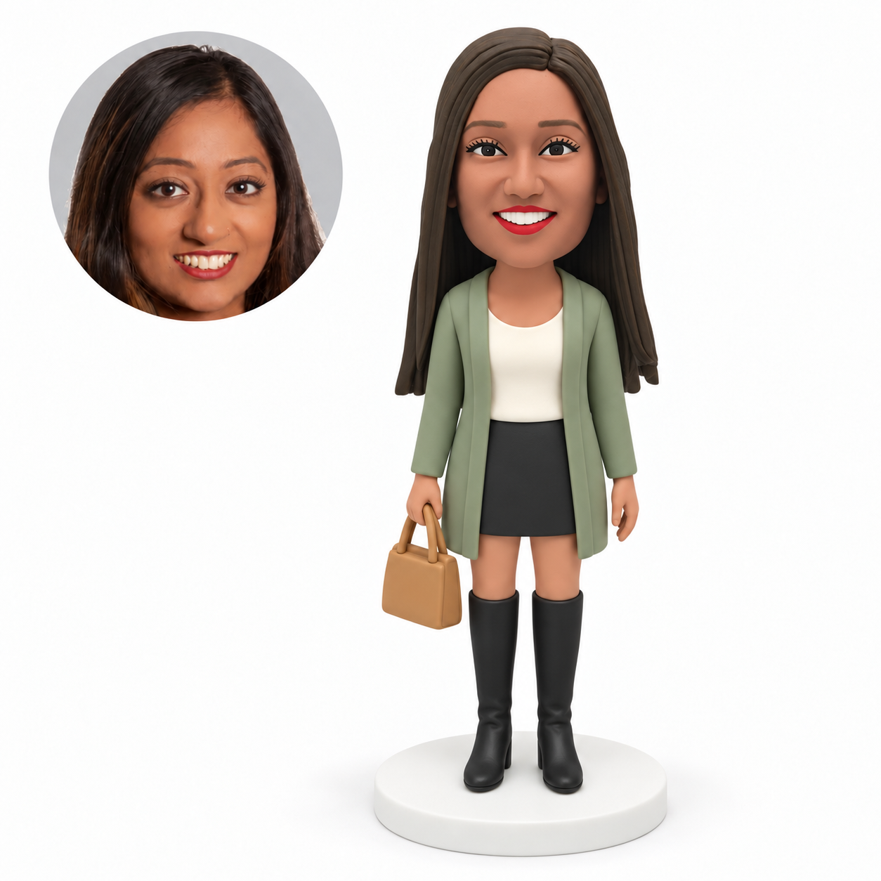 custom bobblehead figure woman in a long cardigan and mini skirt with tall boots holding a handbag at her side
