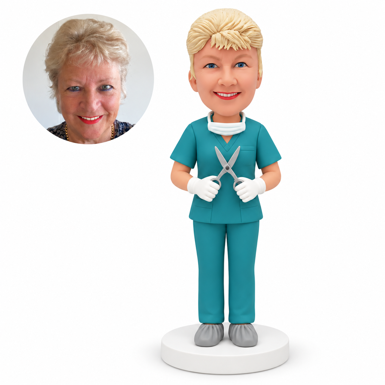 Custom bobblehead figure female medical worker holding open surgical scissors with both hands