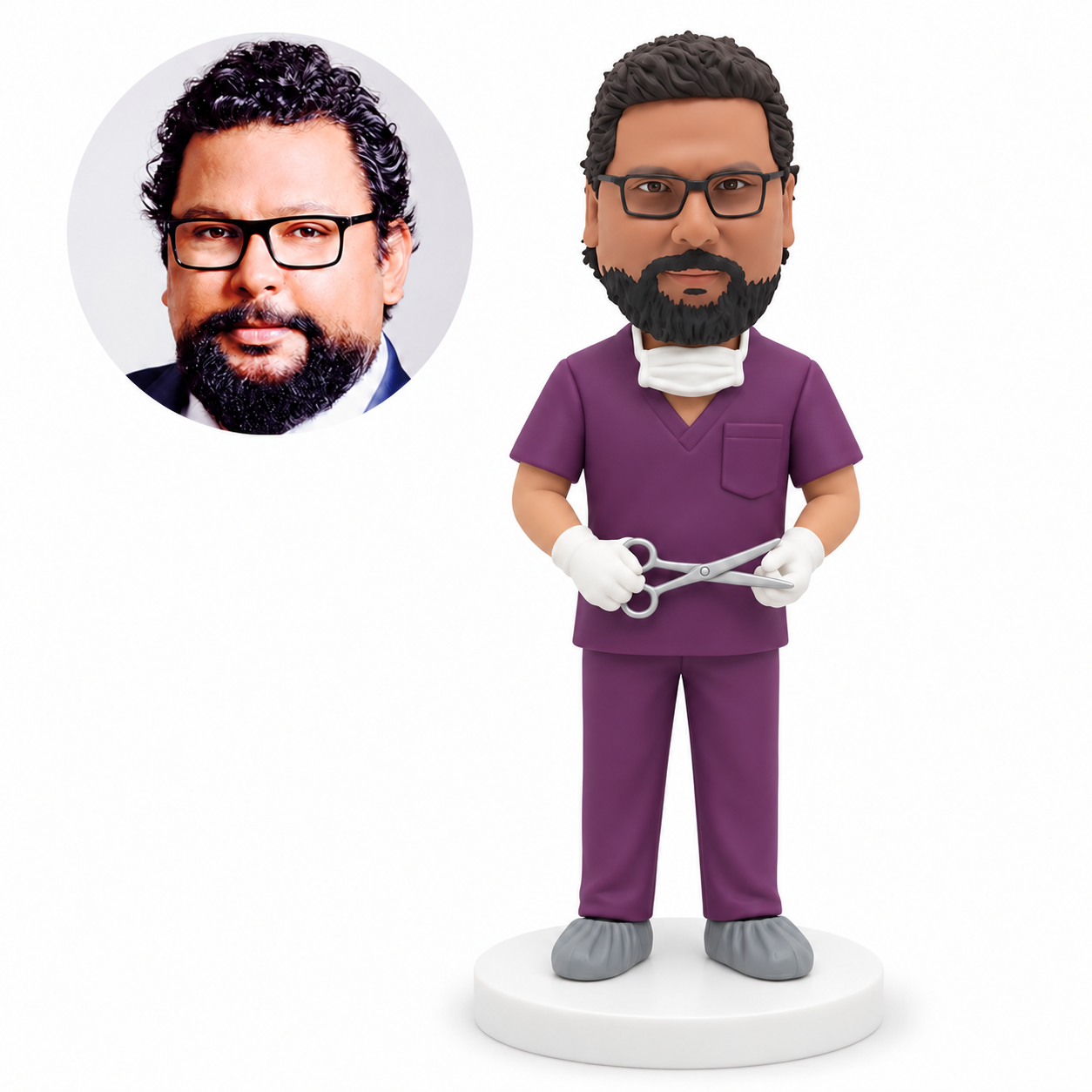 Custom bobblehead figure male medical worker holding open surgical scissors with both hands