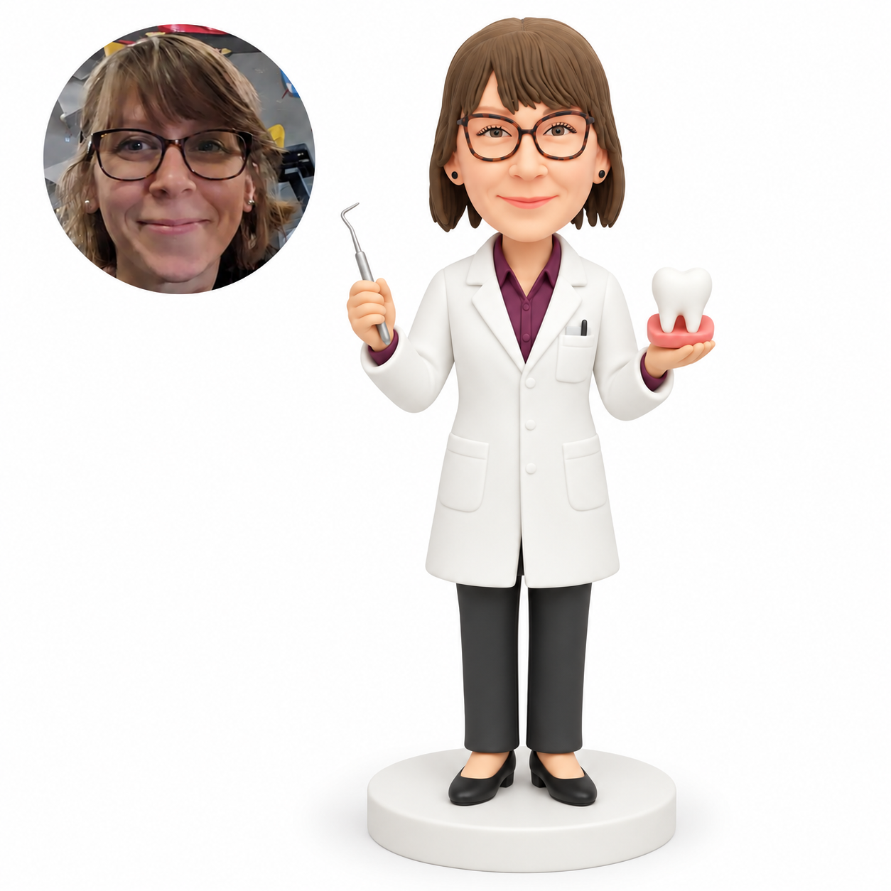 custom bobblehead figure female dentist holding a dental pick and tooth model