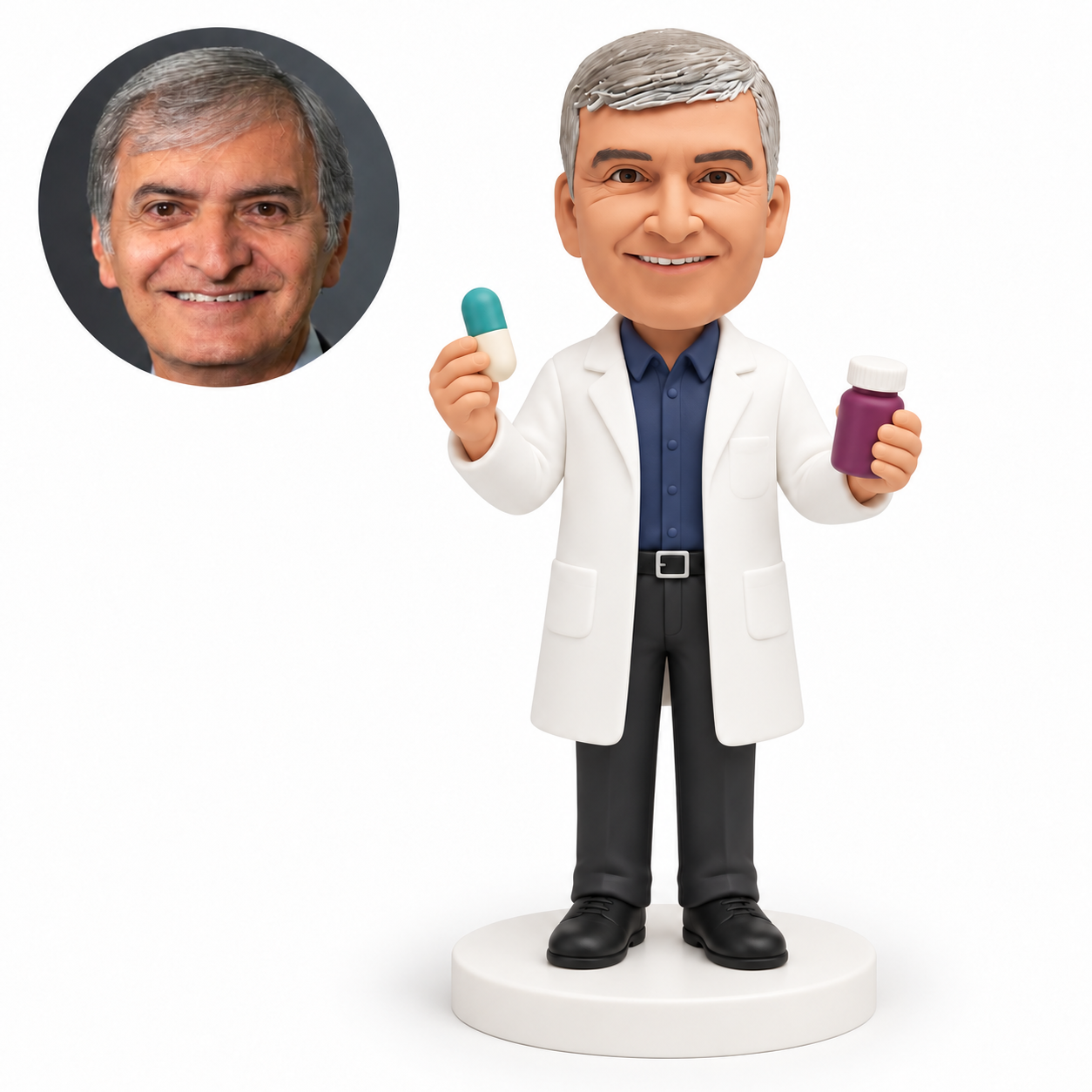 custom bobblehead figure male pharmacist holding a capsule and medicine bottle
