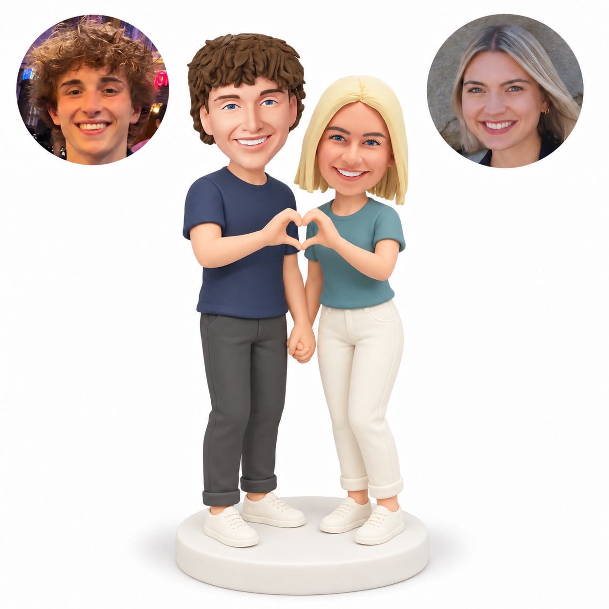 custom bobblehead figures couple in short sleeve tops making a shared heart and holding hands