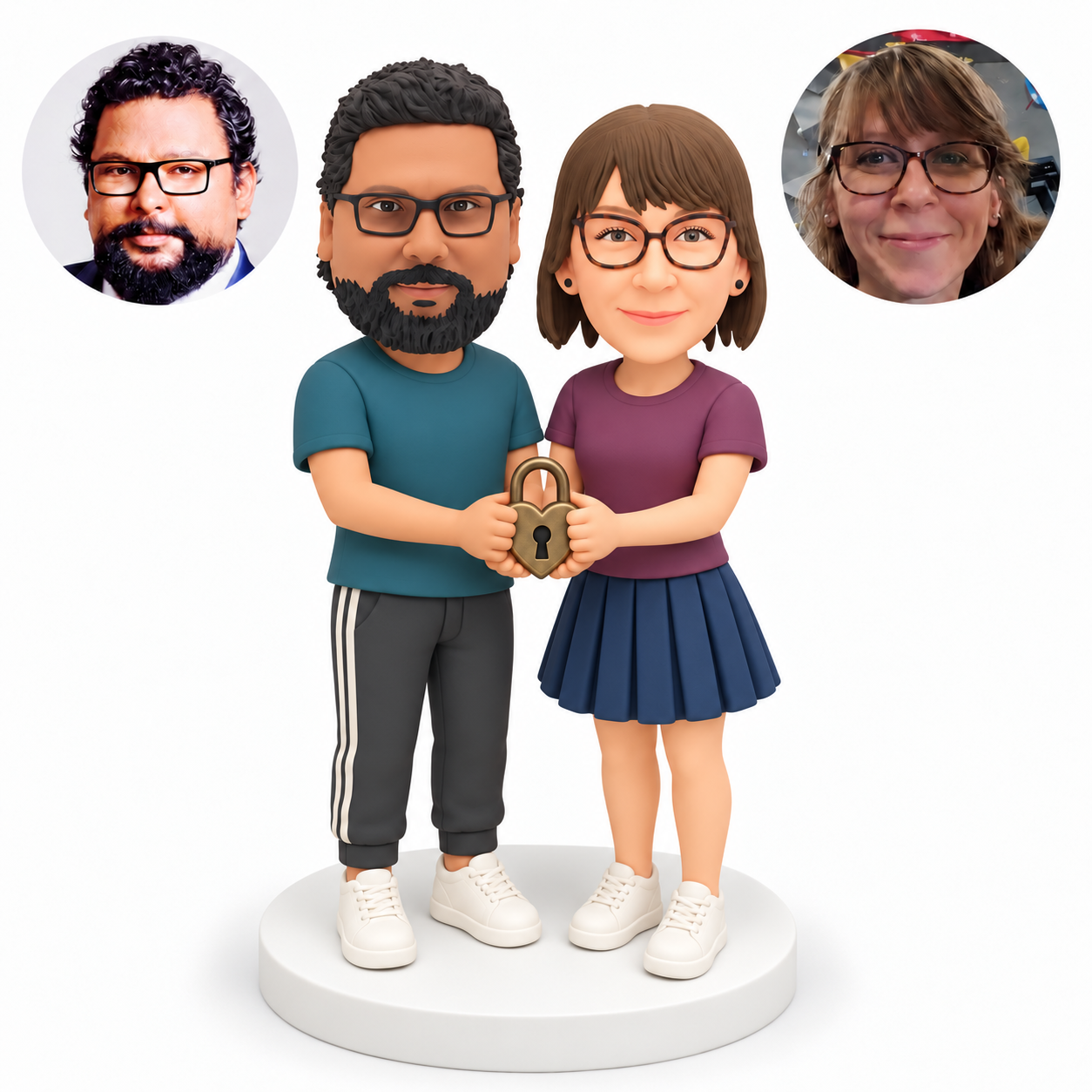 custom bobblehead figures couple in casual tops holding one heart shaped padlock together