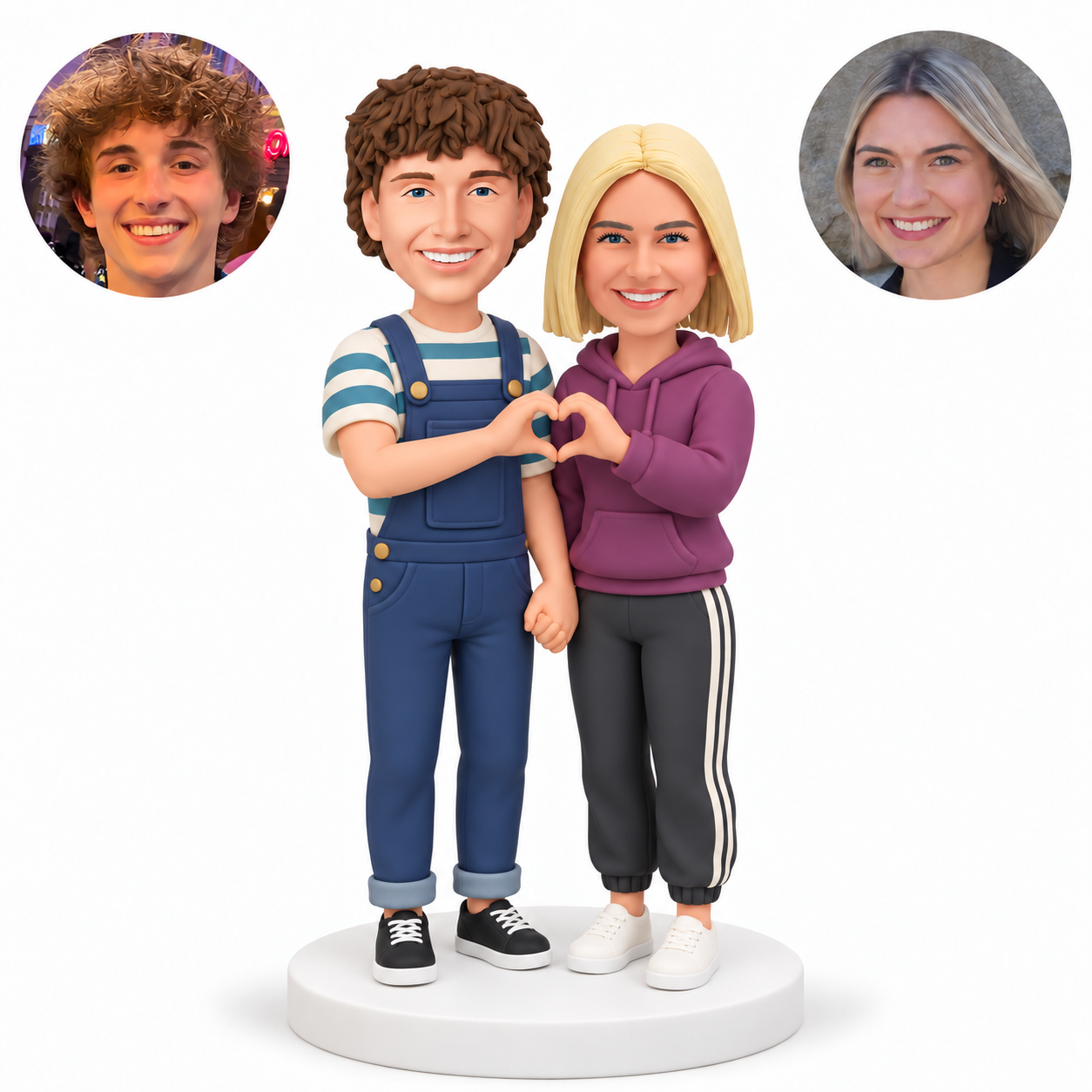 custom bobblehead figures couple with man in bib overalls and woman in a hoodie making a shared heart while holding hands