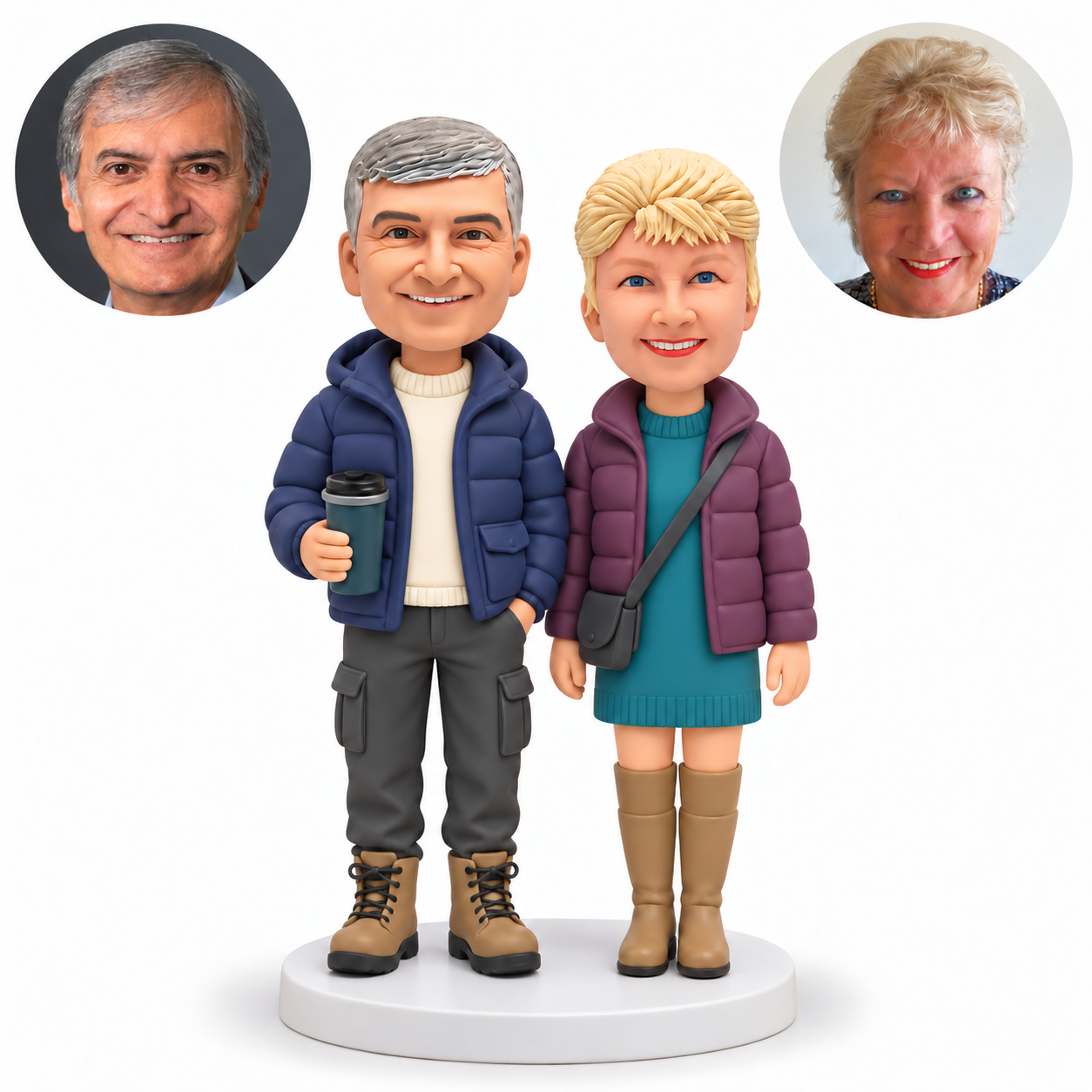 custom bobblehead figures couple in padded winter jackets with man holding a takeaway cup and woman wearing a crossbody bag