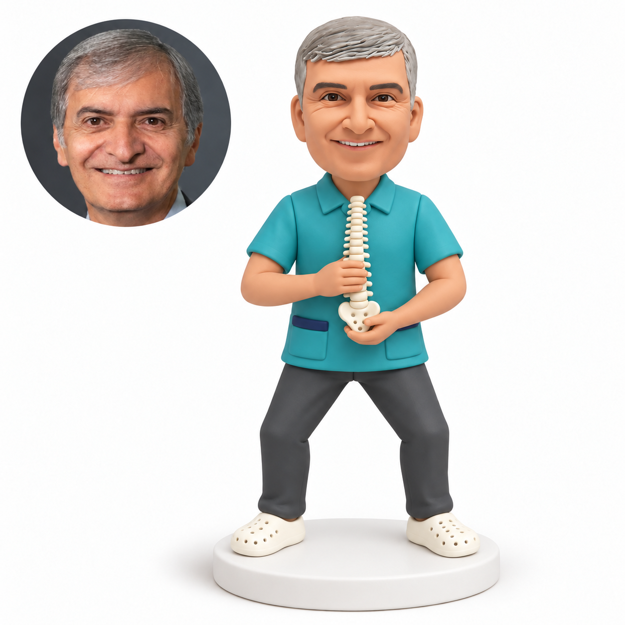 custom bobblehead figure male doctor in a short coat holding an upright spine model between both hands - original own-site polymer clay head and matched photo
