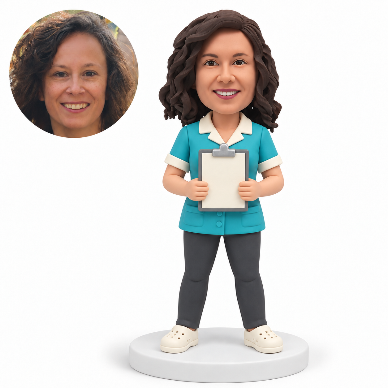 custom bobblehead figure female doctor in a short sleeve medical coat holding an upright clipboard with both hands
