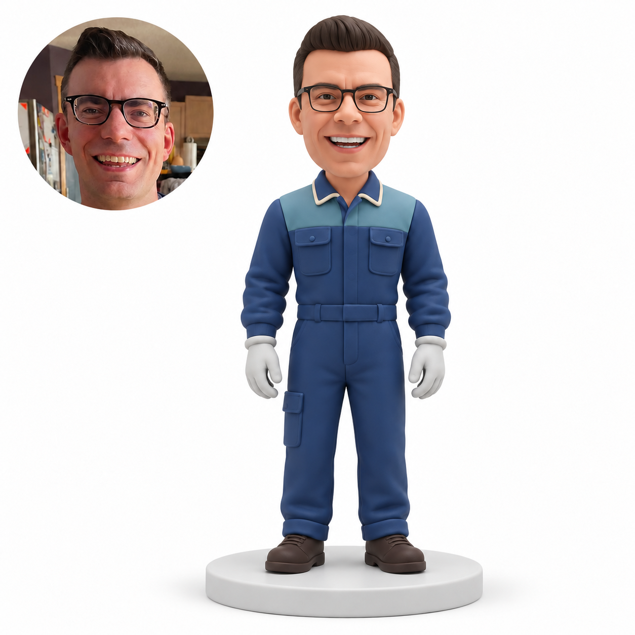 custom bobblehead figure male mechanic in a full coverall with both gloved arms lowered