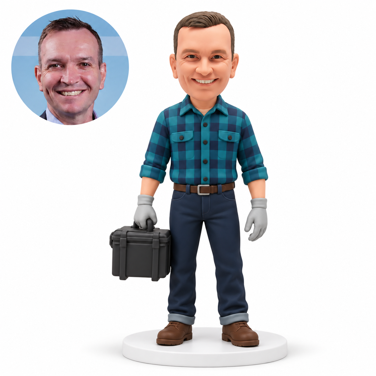 custom bobblehead figure repairman in a rolled sleeve shirt holding a hard toolbox beside his thigh