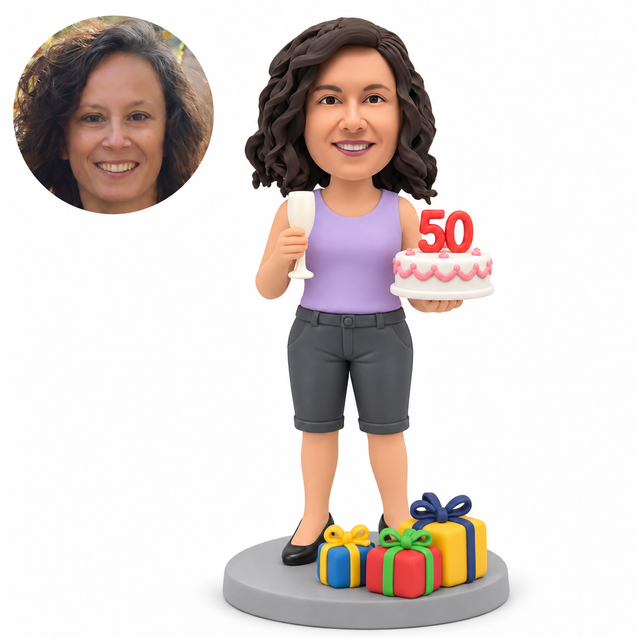 custom bobblehead figure woman holding a birthday cake and champagne with three gift boxes