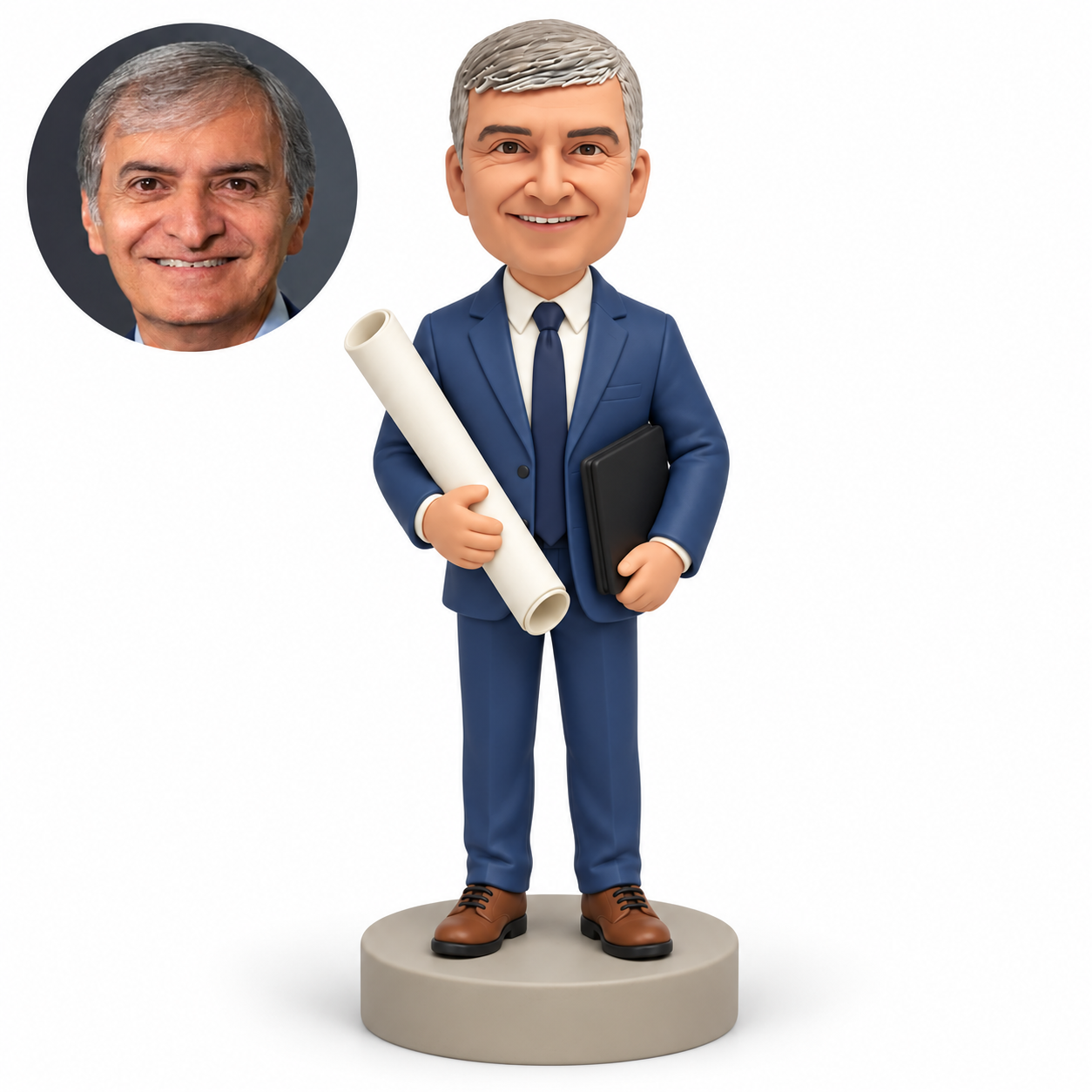 custom bobblehead figure male engineer holding a rolled blueprint and a closed portfolio