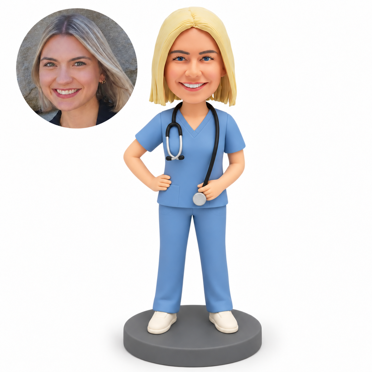 custom bobblehead figure female doctor in scrubs holding her stethoscope low with her other hand on her hip