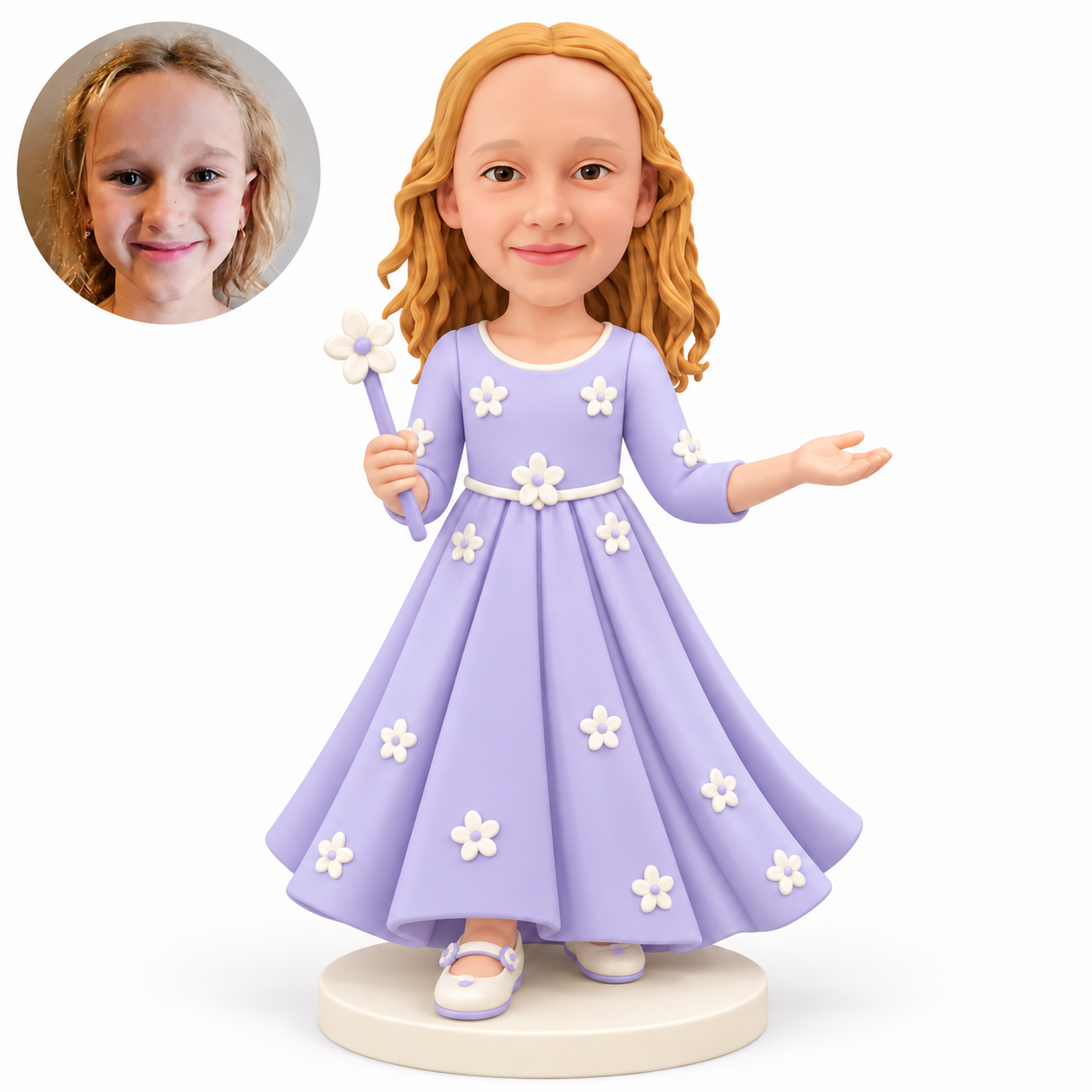 custom bobblehead figure girl in a floral gown holding a wand with her other palm facing upward