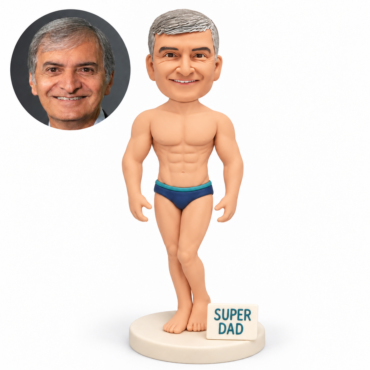 custom bobblehead figure male standing with both empty arms down beside a small super dad ground plaque