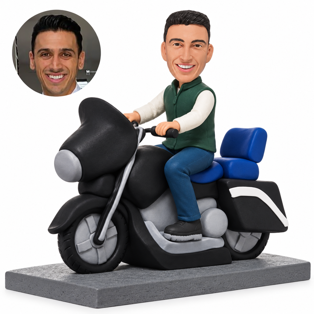 Custom clay bobblehead man riding black broad-front touring motorcycle with blue backrest