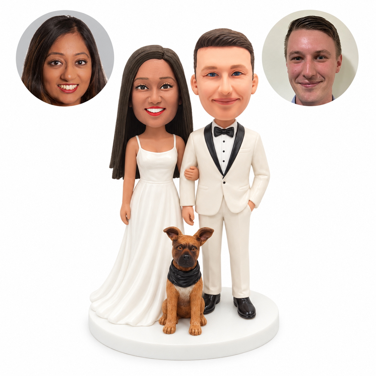 custom bobblehead figures wedding couple standing with a brown dog
