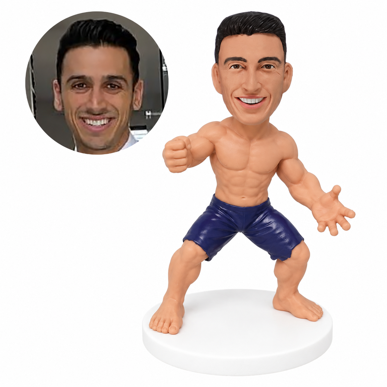 custom bobblehead figure muscular man in shorts in a low fighting stance with one fist extended