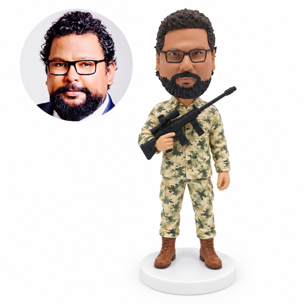 custom bobblehead figure soldier in camouflage holding a scoped rifle with one hand