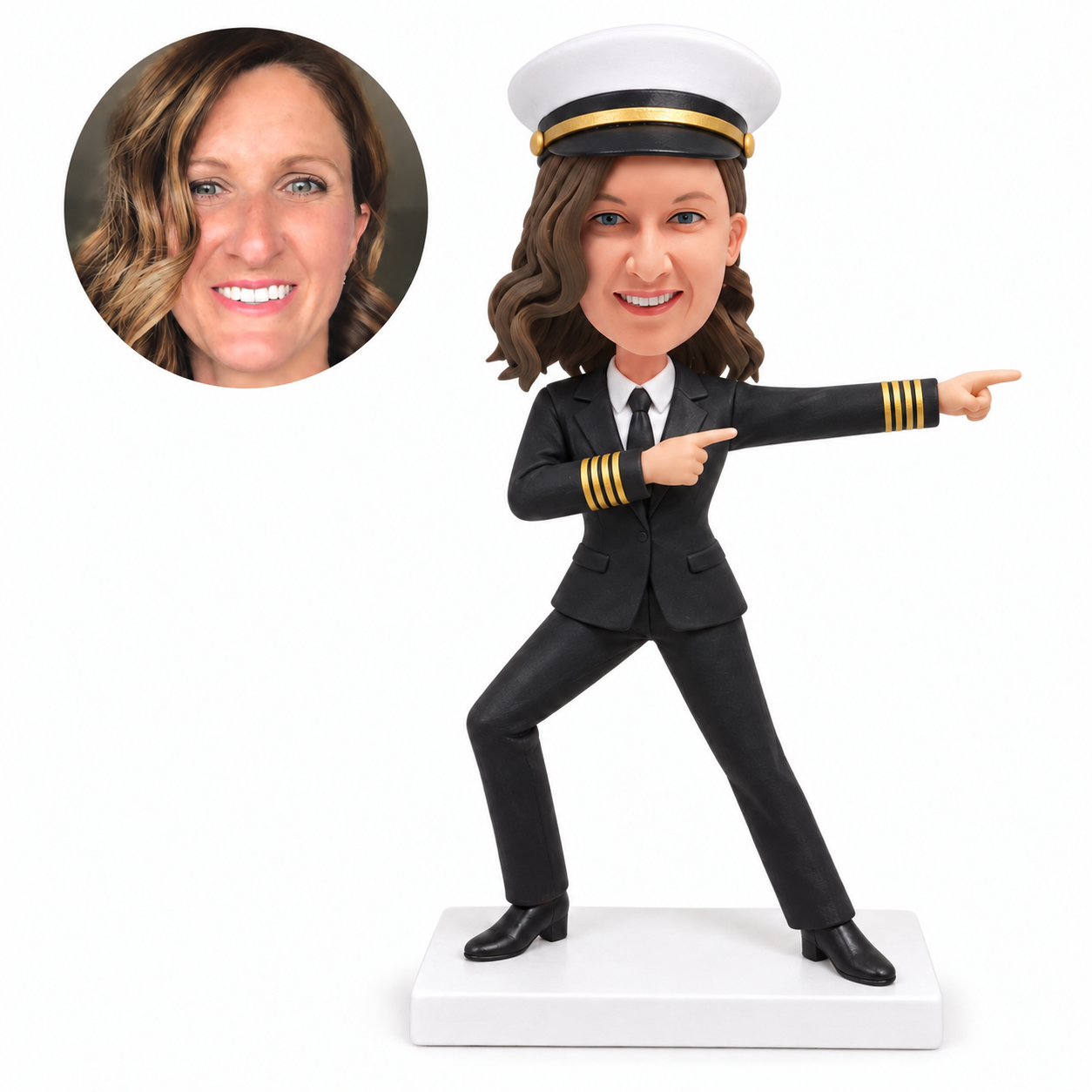 custom bobblehead figure female airline captain in a wide dancing pose