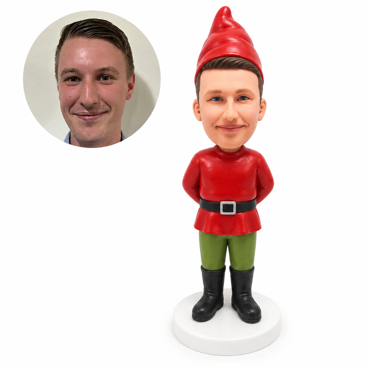 custom bobblehead figure male garden gnome in a belted tunic with his hands behind his back
