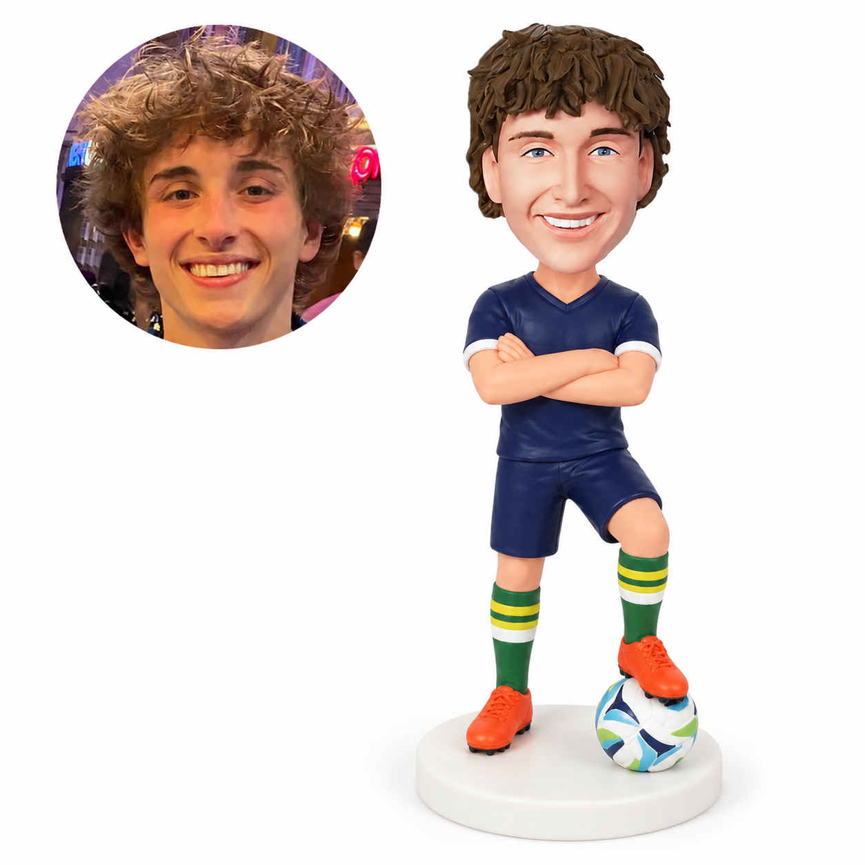 custom bobblehead figure male soccer player with crossed arms and one foot on the ball