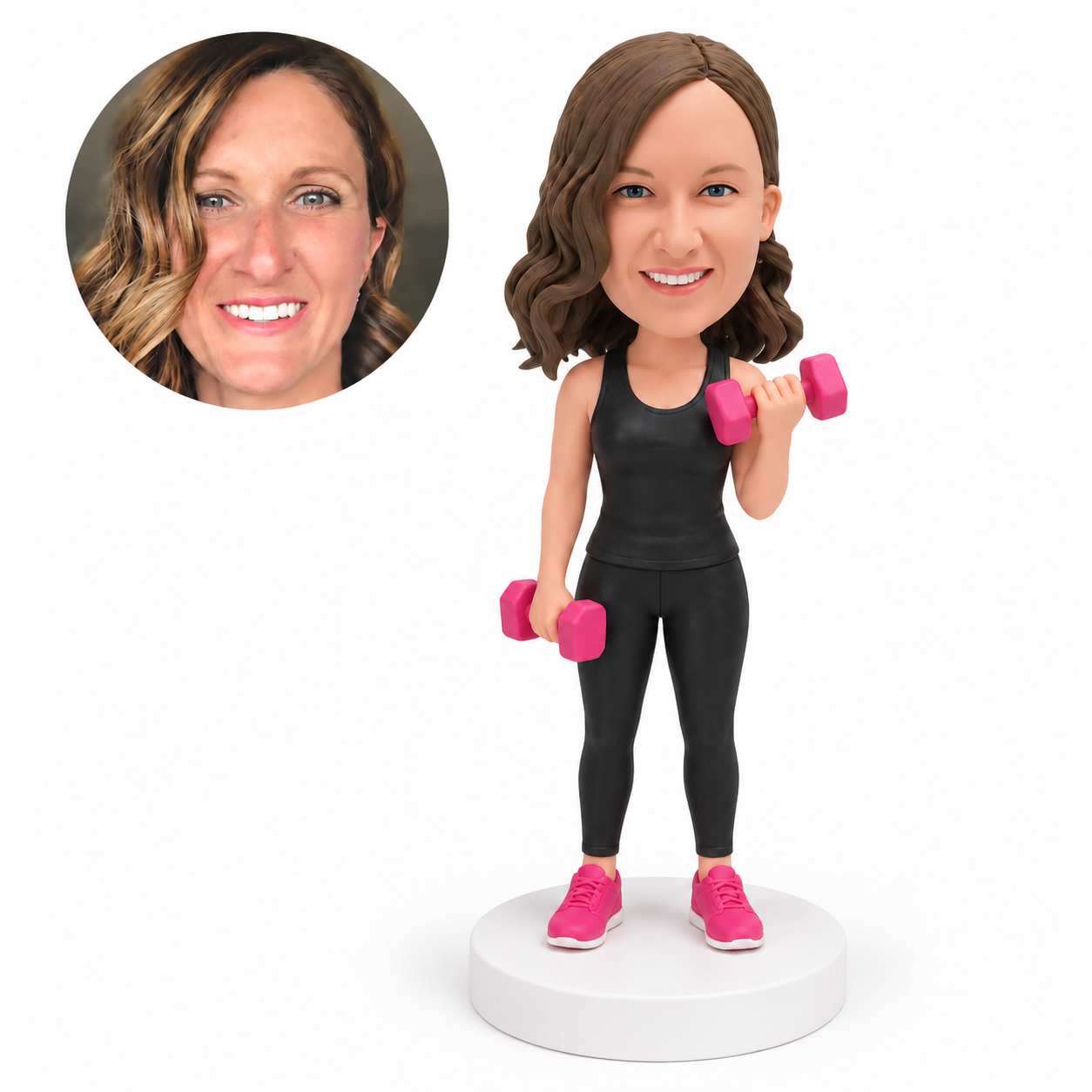 custom bobblehead figure fitness woman holding two dumbbells at different heights