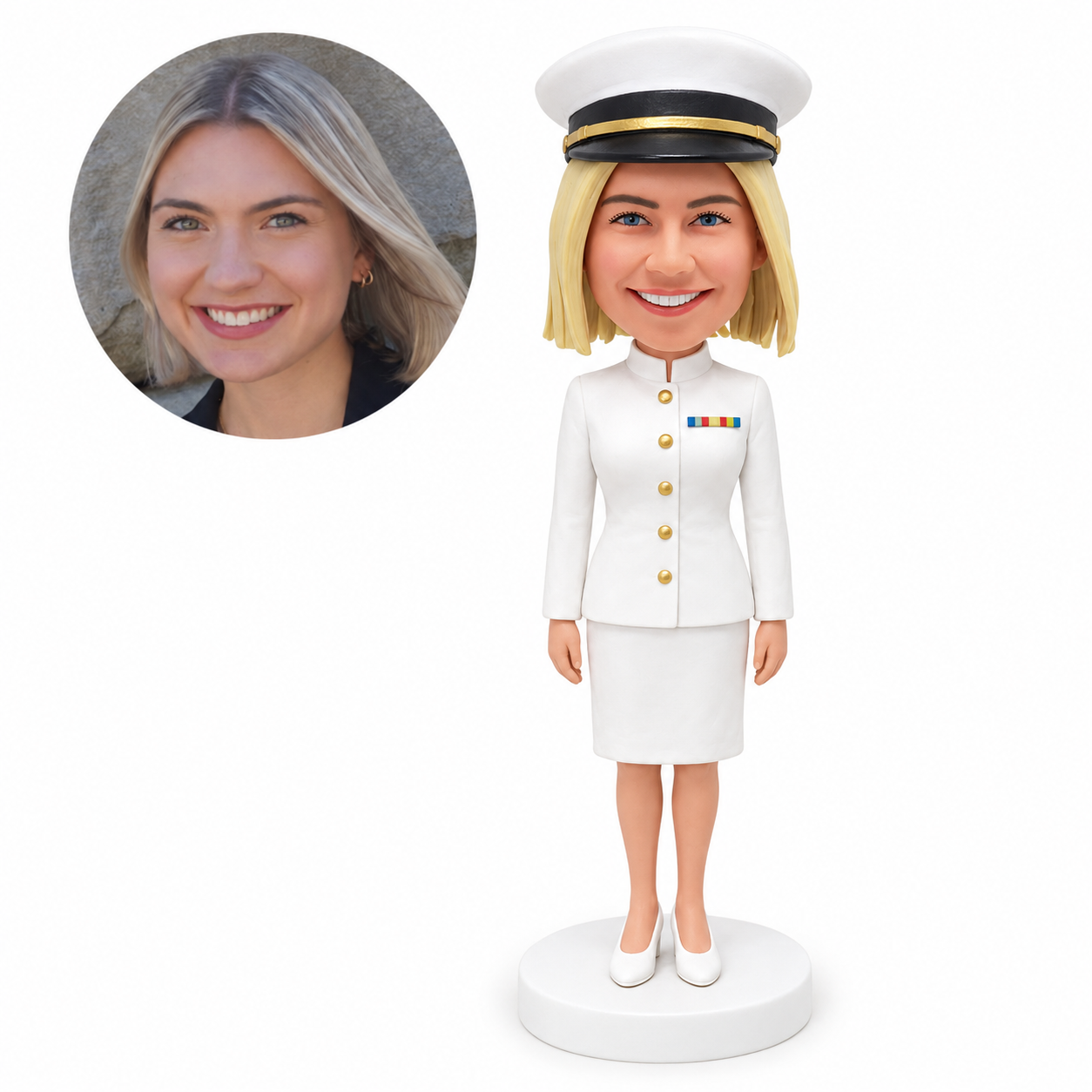 custom bobblehead figure female naval officer in a white high-collar jacket and skirt