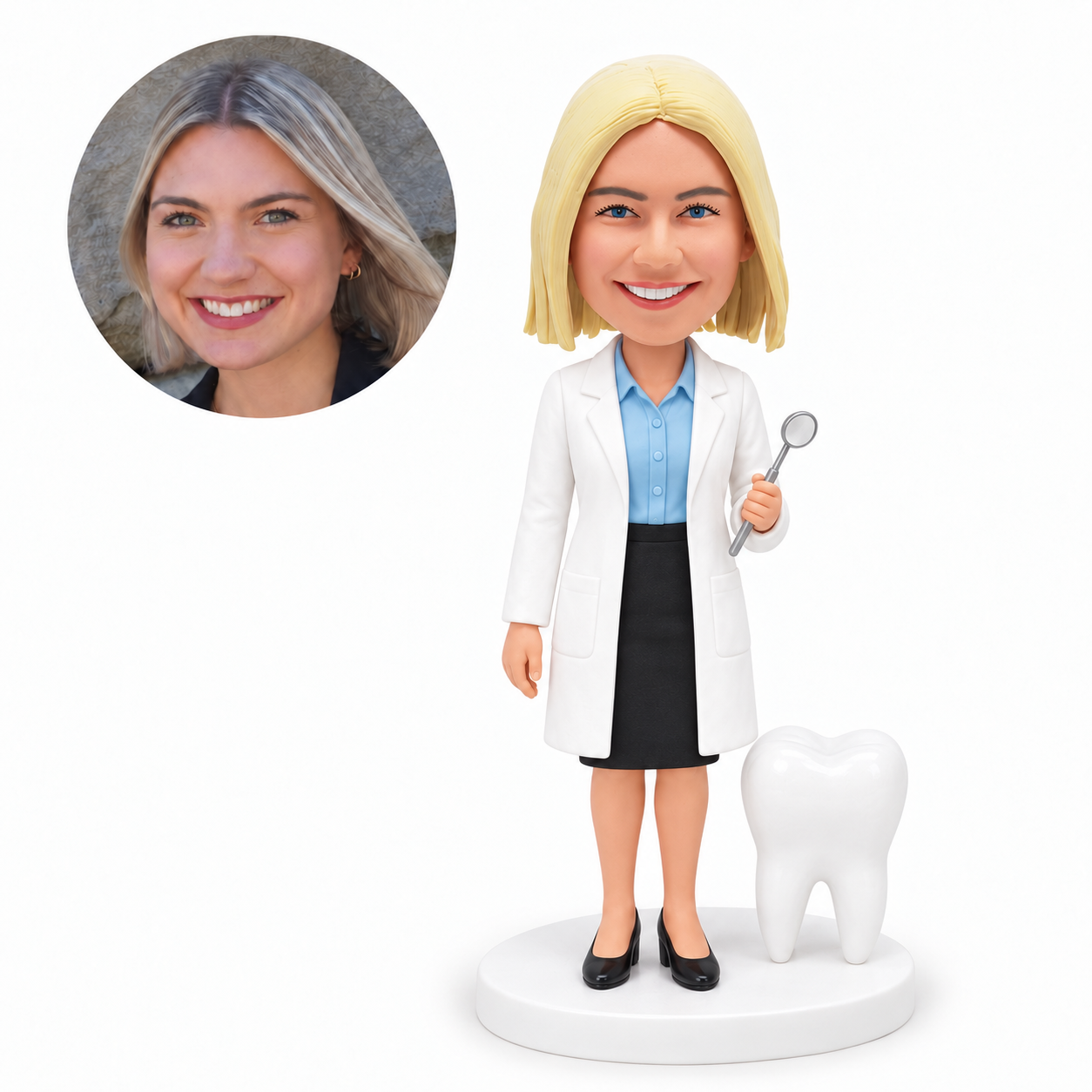 custom bobblehead figure female dentist holding a dental mirror beside a tooth model