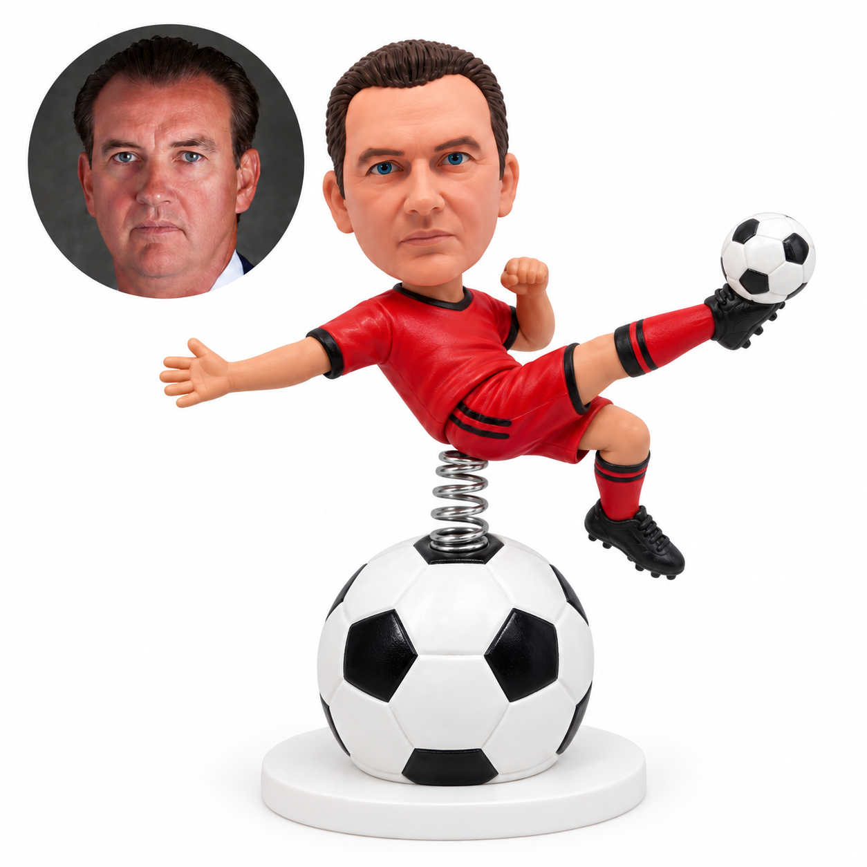 custom bobblehead figure male soccer player kicking on a football pedestal with spring support