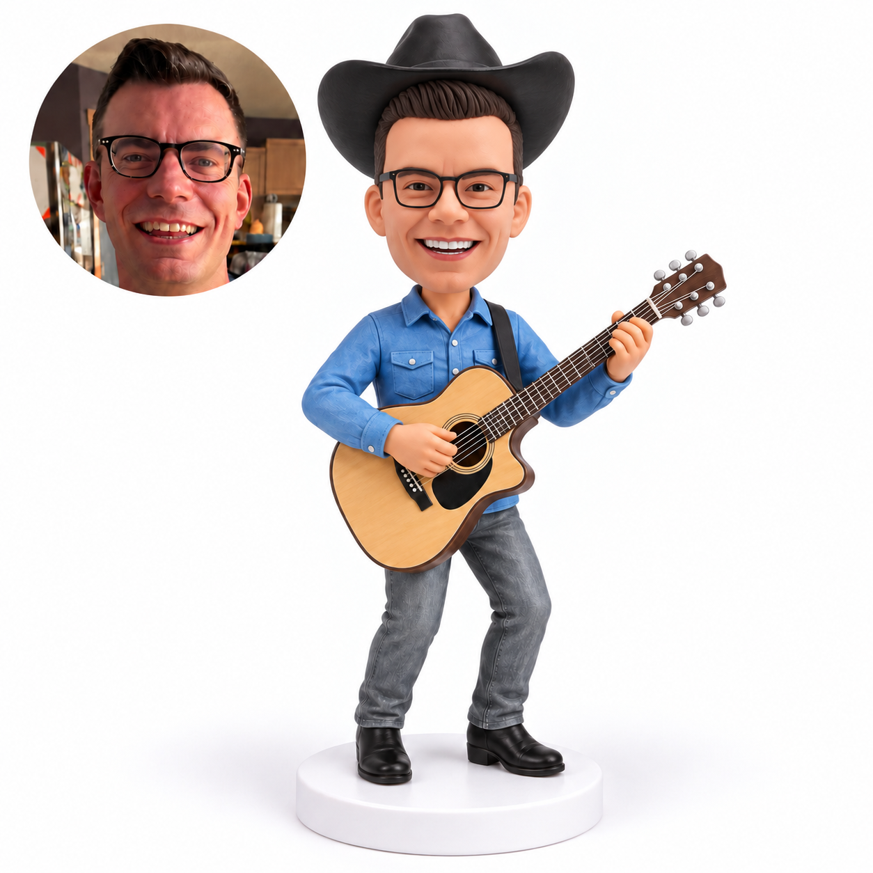 custom bobblehead figure male cowboy in a western shirt playing an acoustic guitar