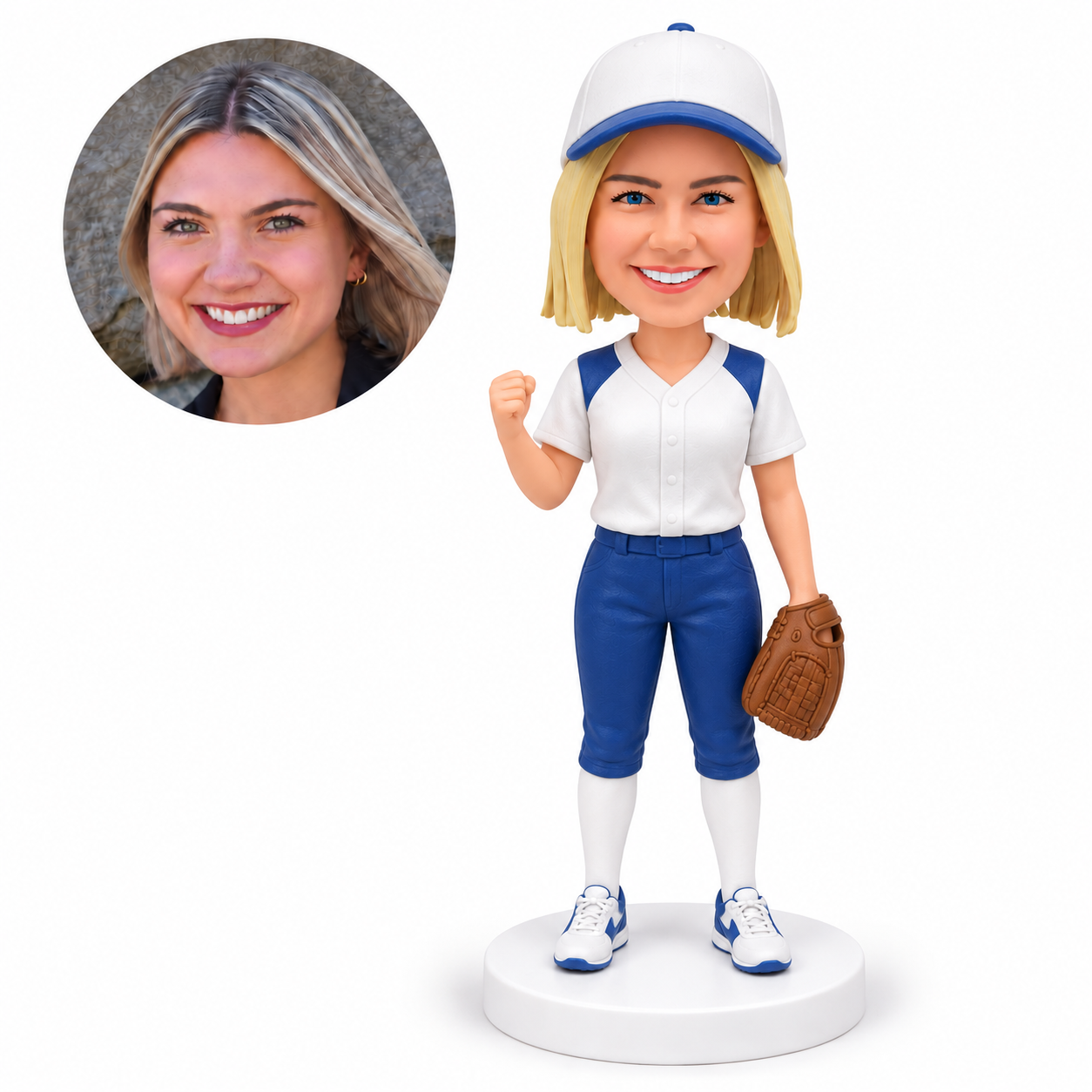 custom bobblehead figure female baseball player raising a fist with a glove by her side