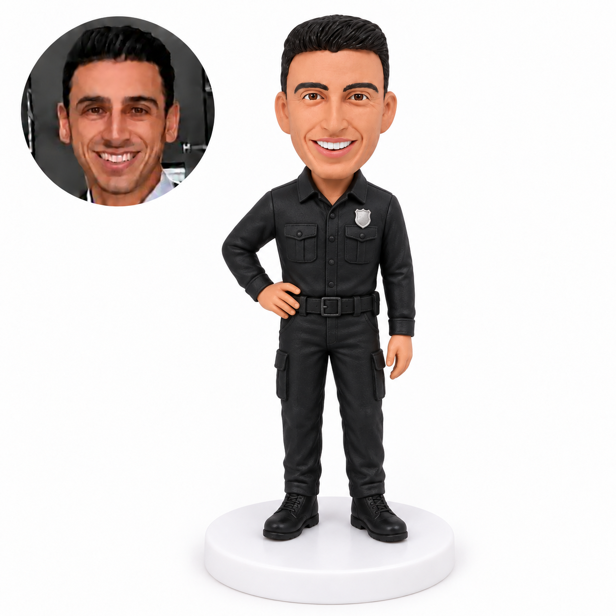 custom bobblehead figure male police officer in a long-sleeved uniform with one hand on his hip