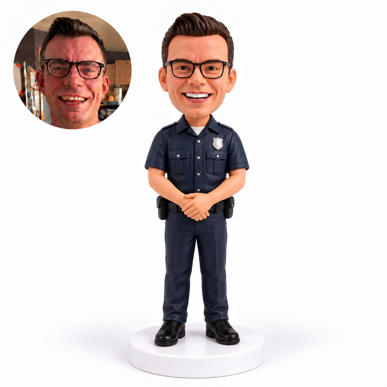 custom bobblehead figure male police officer in a short-sleeved uniform with hands folded at his waist