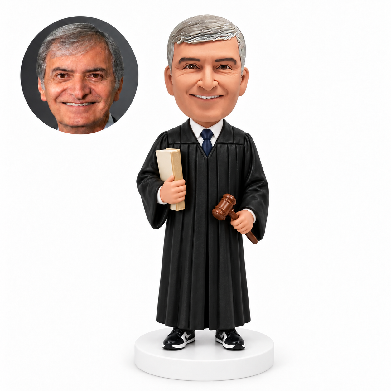 custom bobblehead figure male judge in a long robe holding a law book and gavel