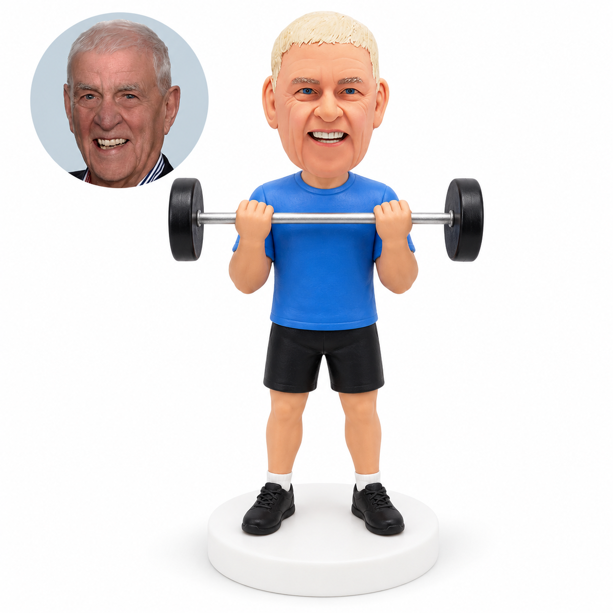 custom bobblehead figure male weightlifter in shorts holding a barbell at chest height