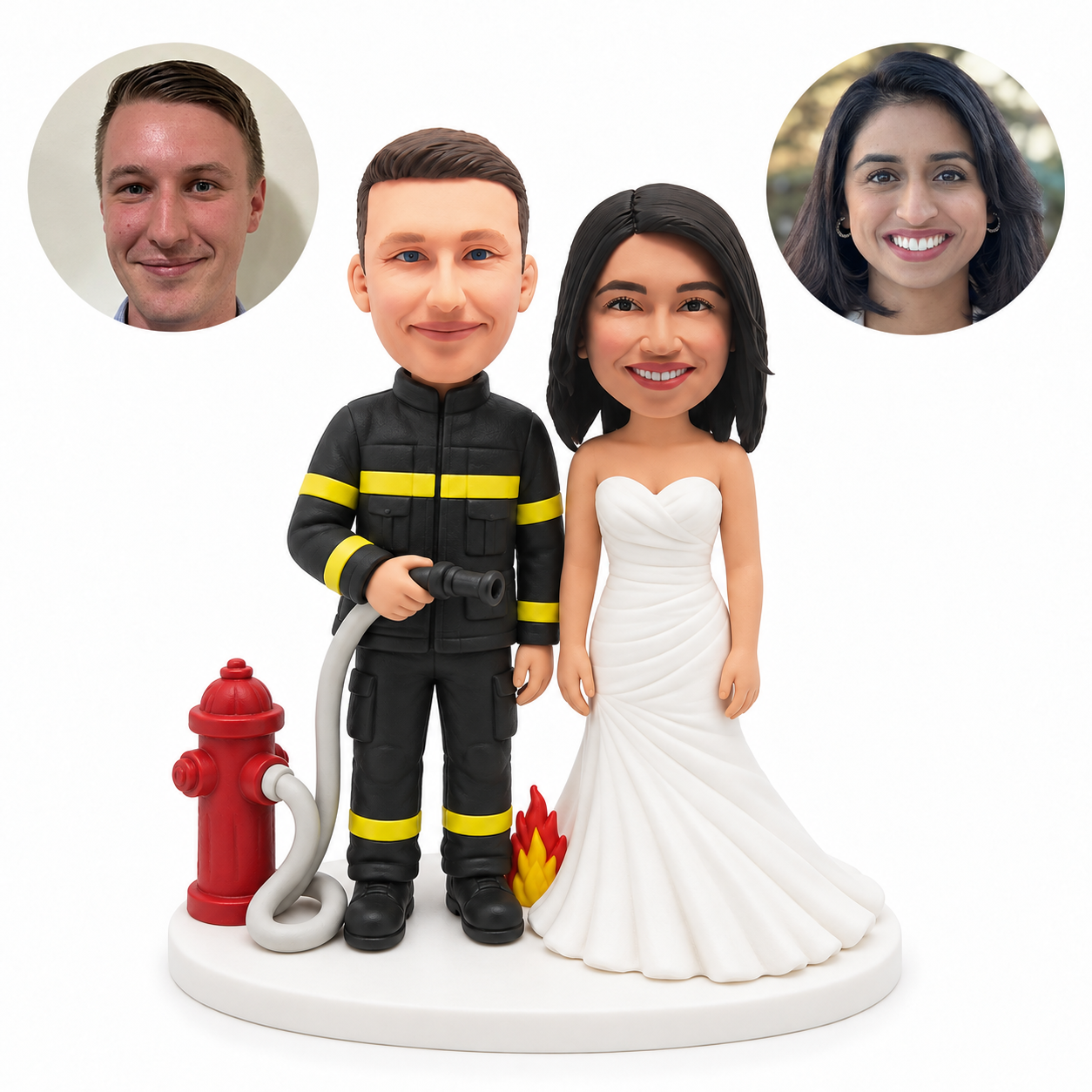 custom bobblehead figures firefighter groom and bride beside a hydrant and hose