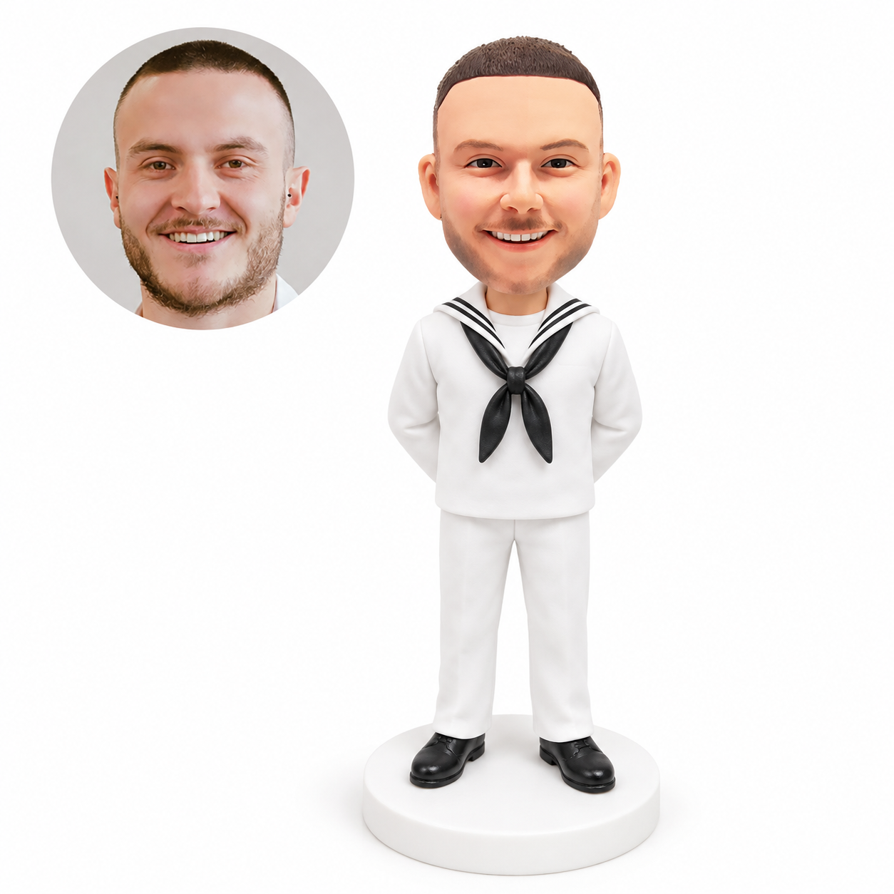 custom bobblehead figure male sailor in a white uniform with his hands behind his back
