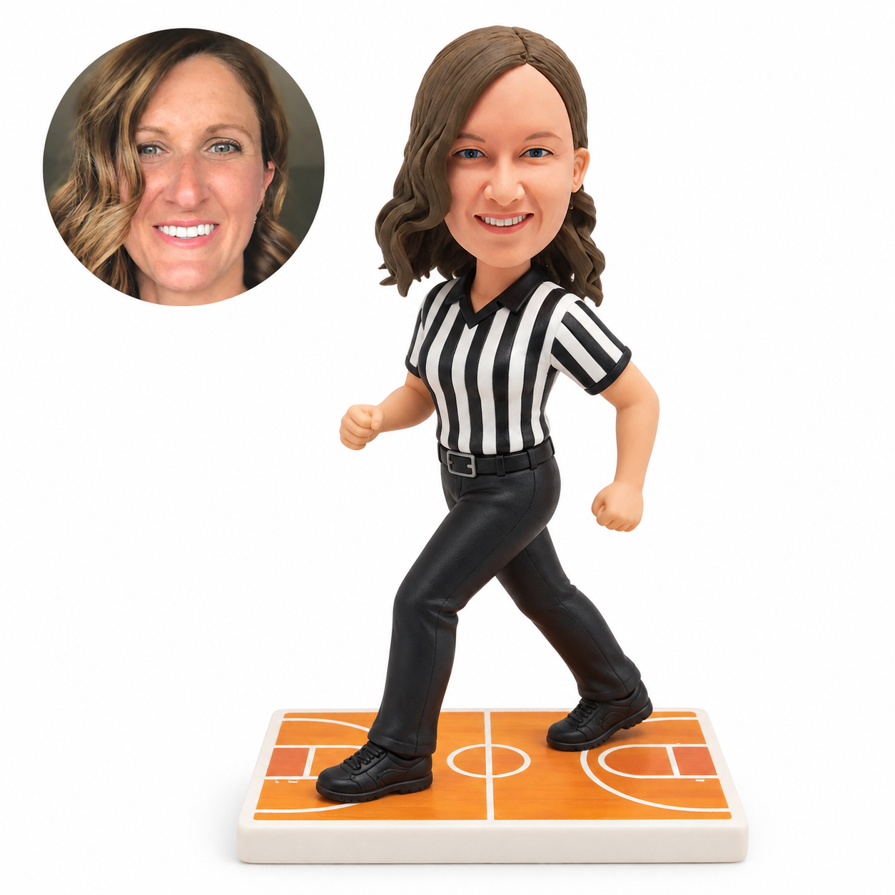 custom bobblehead figure female basketball referee walking in a striped shirt