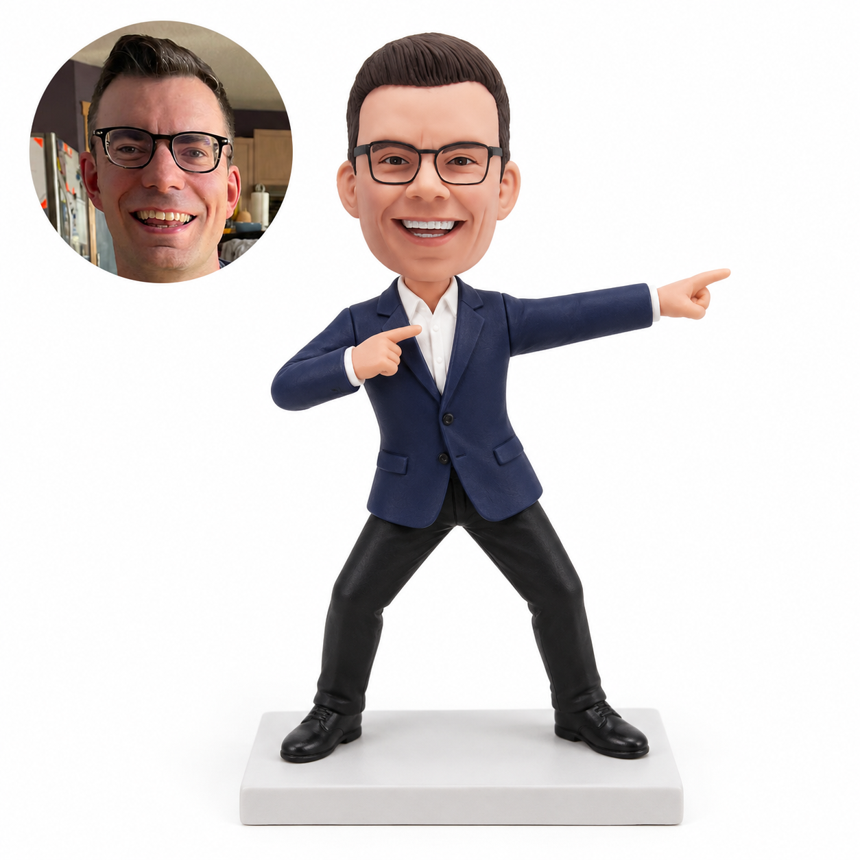 custom bobblehead figure male pilot in a blazer with a wide sideways pointing dance pose