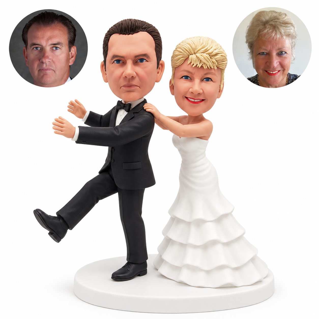 custom bobblehead figures wedding couple dancing in a conga pose with the groom lifting one leg