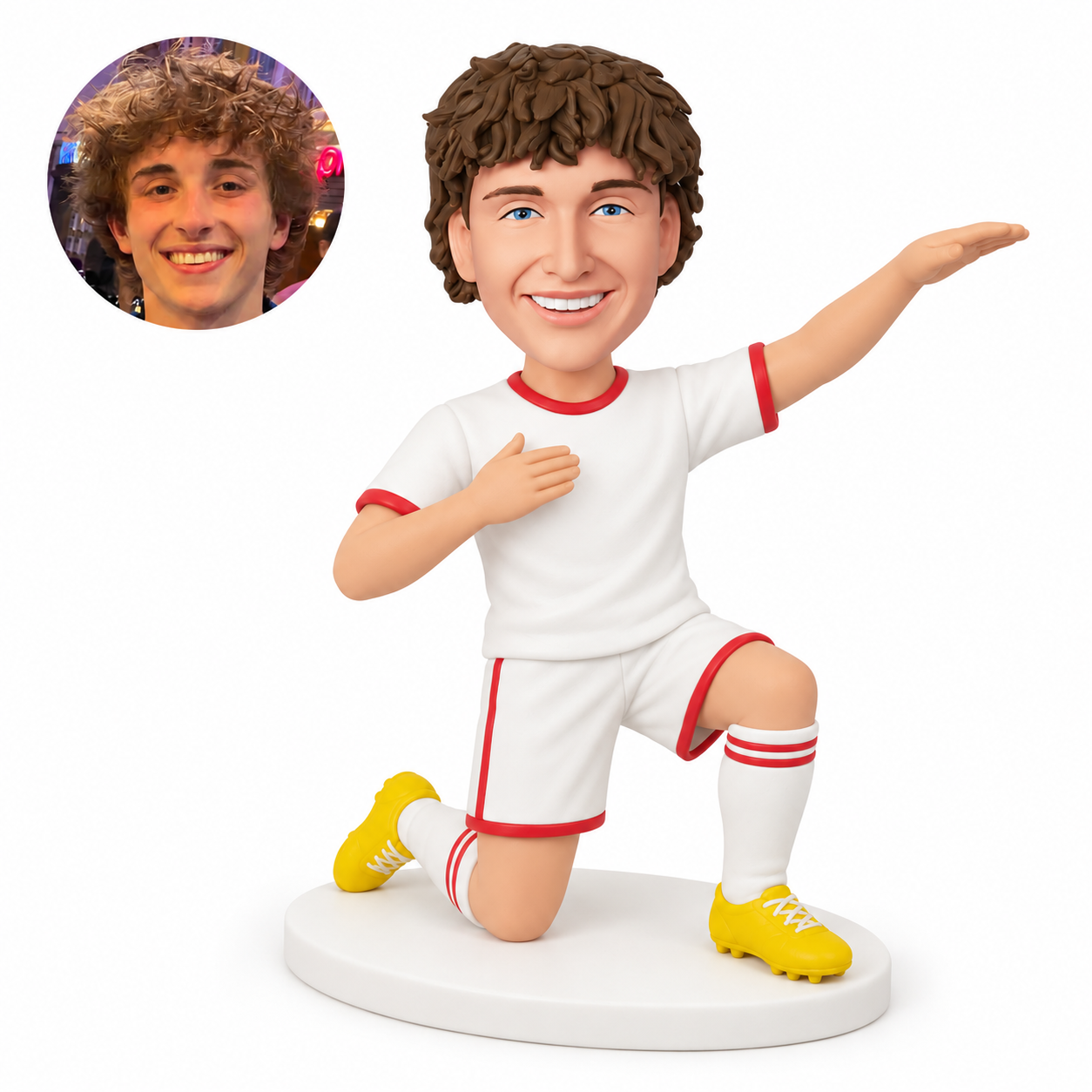 custom bobblehead figure male soccer player kneeling on one knee in a goal celebration pose