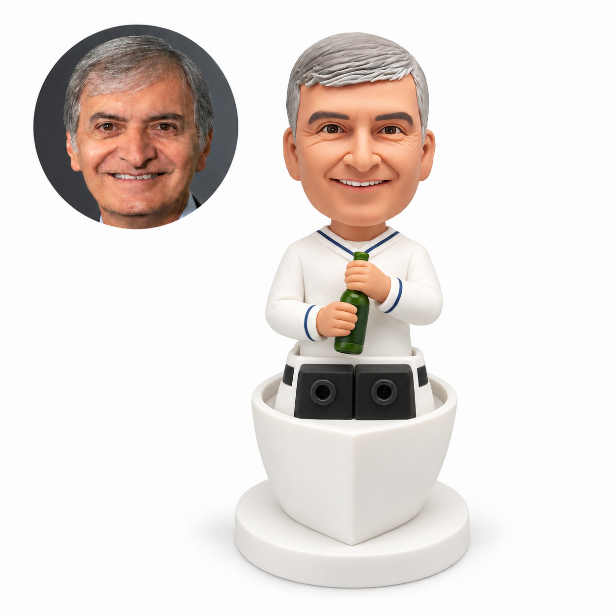 custom bobblehead figure male sailor in a white shirt holding a bottle in a miniature ship