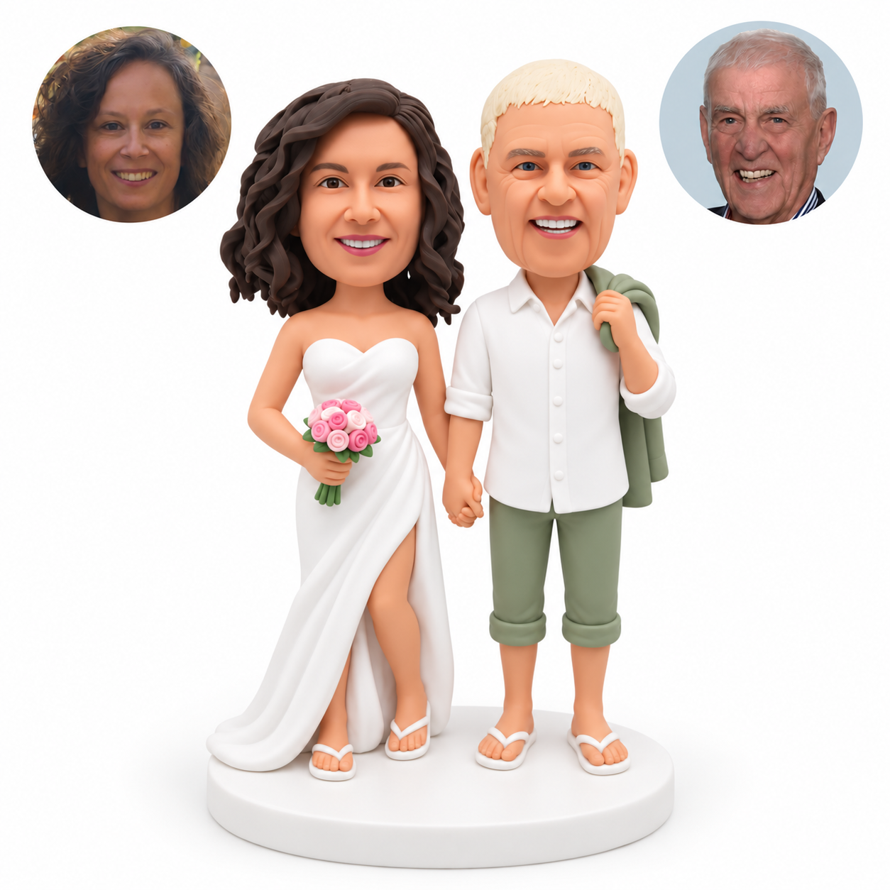 custom bobblehead figures beach wedding couple with the man in a button-front shirt and cropped trousers and the woman in a strapless slit gown