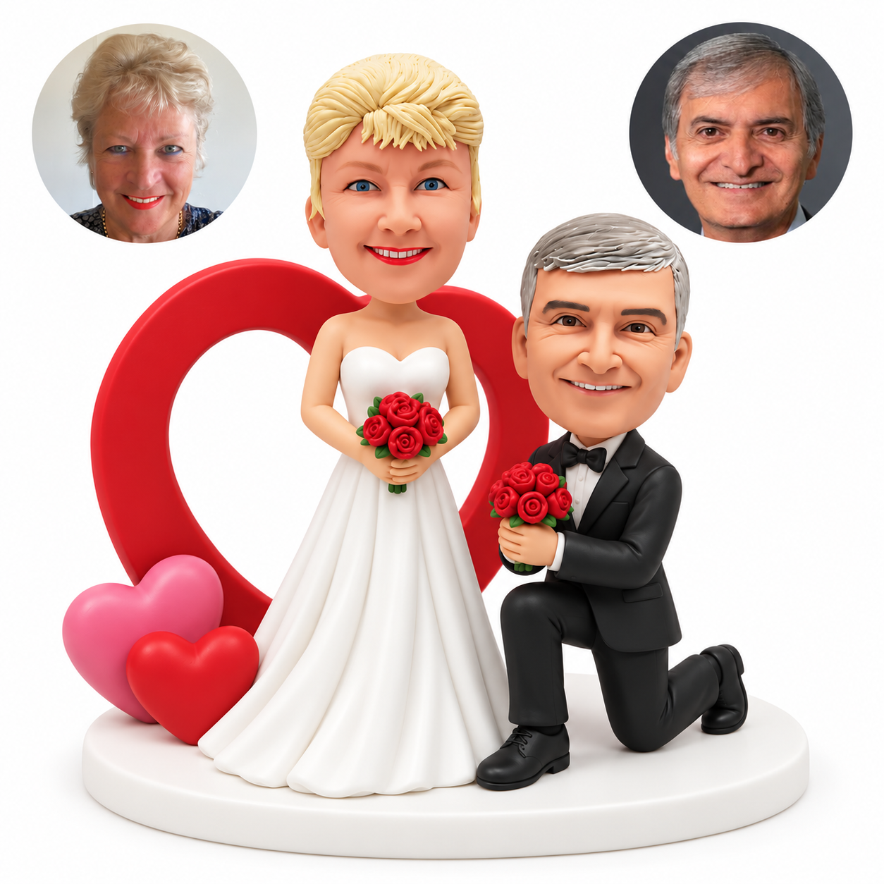 custom bobblehead figures wedding couple with a standing bride and kneeling groom beside a large open heart arch