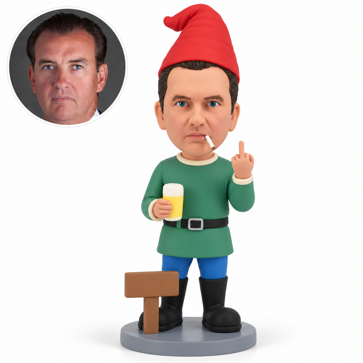 custom bobblehead figure garden gnome holding a drink and making a middle-finger gesture beside a sign