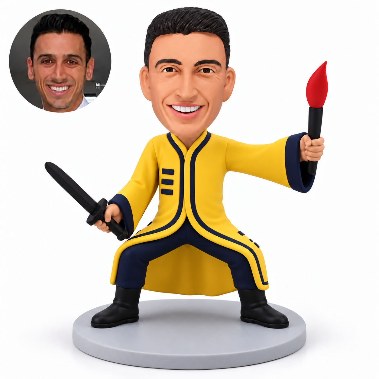 custom bobblehead figure taoist costume with a sword and a red-tipped ceremonial prop