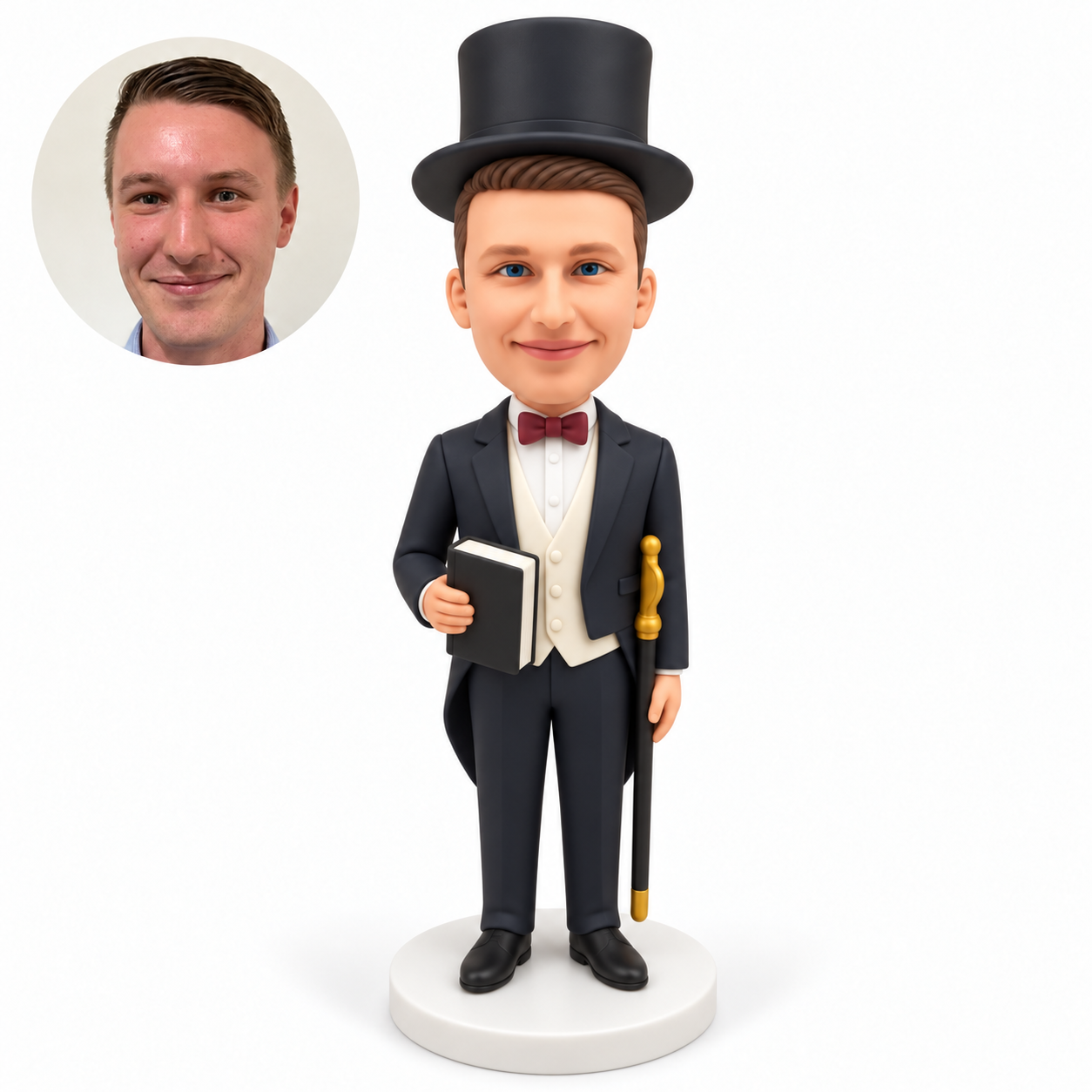 custom bobblehead figure male in a top hat and tailcoat carrying a book with a sheathed ceremonial sword