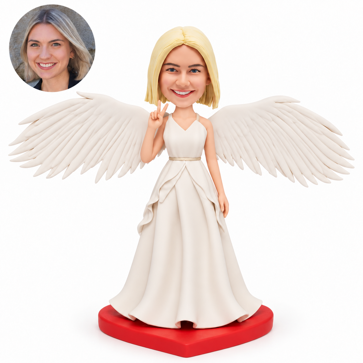 custom bobblehead figure female angel making a right-hand peace sign with wide outstretched wings