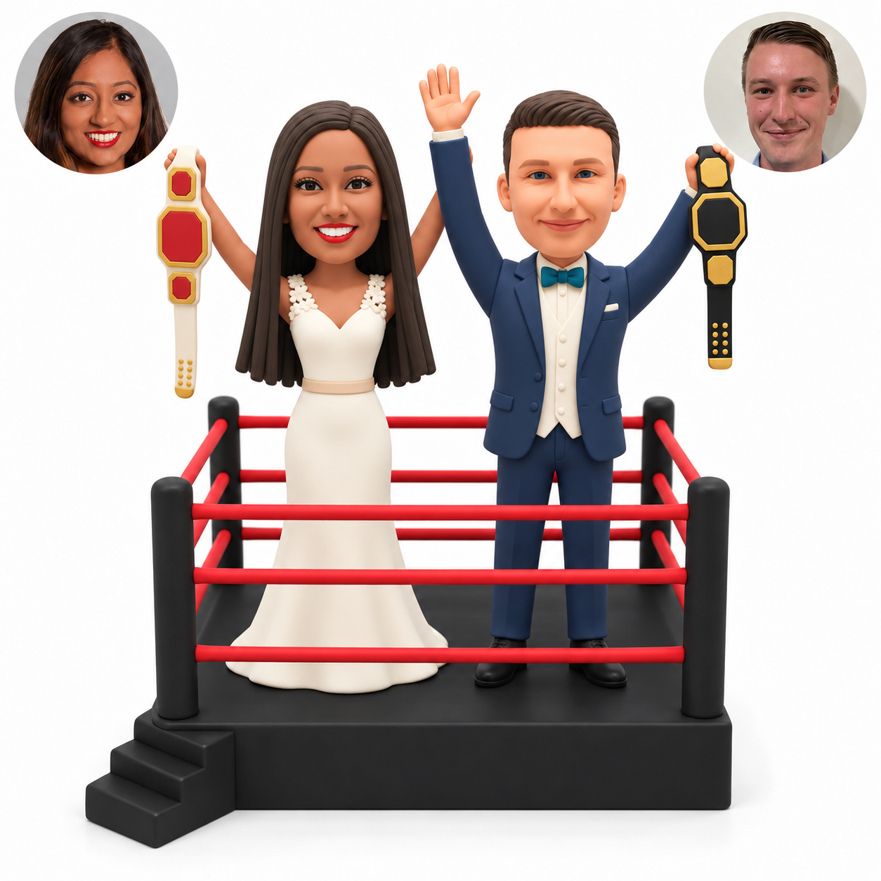 custom bobblehead figures wedding couple raising two championship belts in a boxing ring